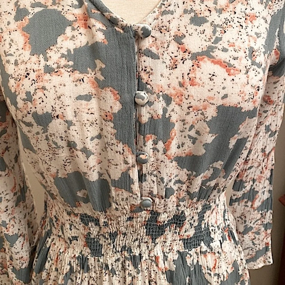 J Glee Floral Grey Teal Cream SZ S Cottagecore Boho Chic Romantic Peasant Dress - Picture 4 of 10